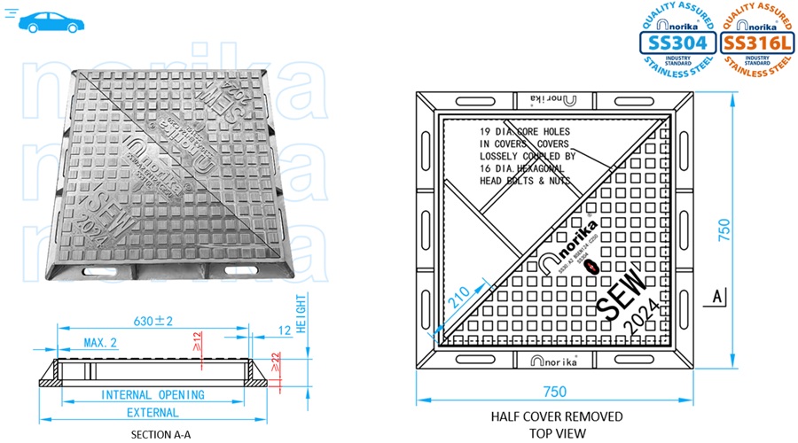 Stainless Steel Medium Duty Double Triangular Manhole Cover & Frame (Grade C250)