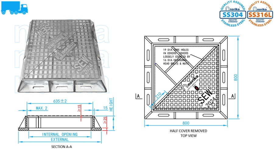 Stainless Steel Heavy Duty Double Triangular Manhole Cover & Frame (Grade D400)