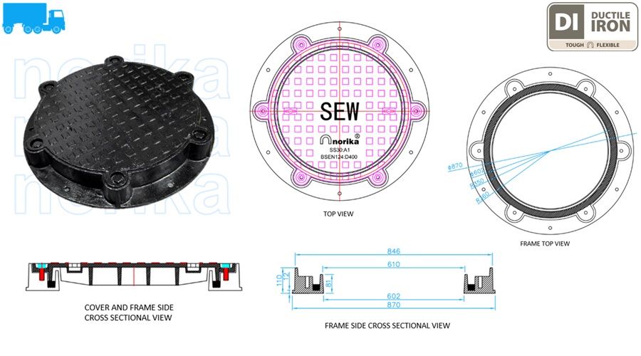 Airtight  & Watertight Ductile Iron Heavy Duty Round Manhole Cover & Frame (Grade D400)