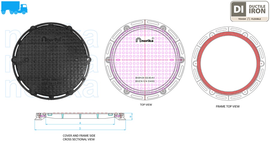 Airtight  & Watertight Ductile Iron Heavy Duty Round Manhole Cover & Frame (Grade D400)