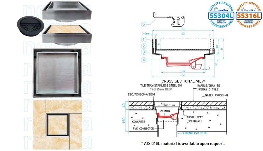 STAINLESS STEEL LUXURY SMARTDRAIN125 TILE & MARBLE (FOR GCB PROJECTS)